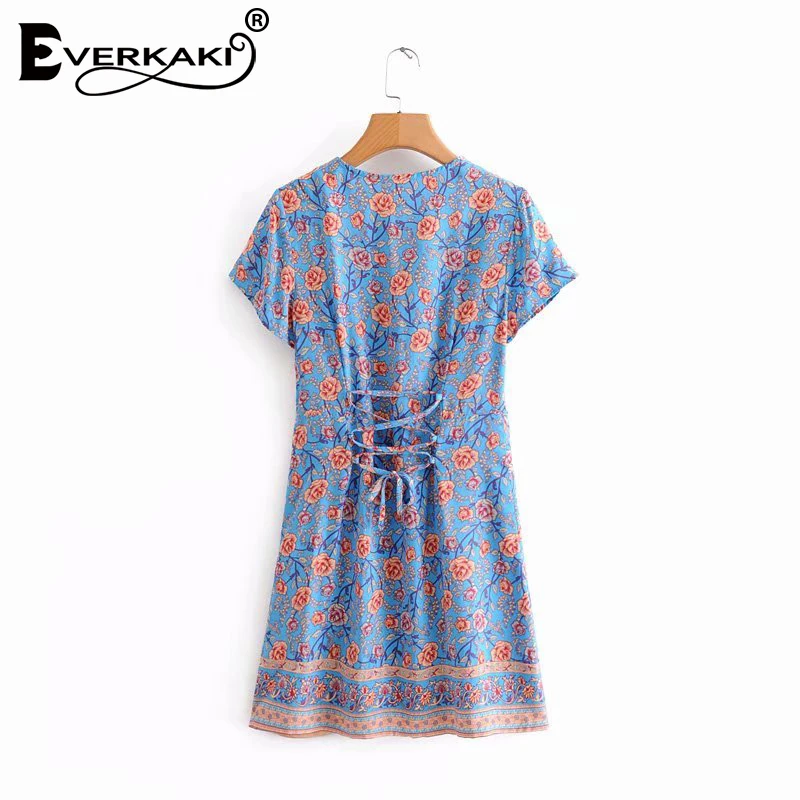 Everkaki Boho мини-платье с принтом женское осеннее кружевное платье v-образным вырезом