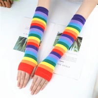 women girl elbow length fingerless arm sleeve warmer rainbow colored striped knitted sunscreen halloween cosplay costume gloves