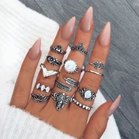 bohemian rings set vintage boho elephant feather crown lotus fatima palm gem ring for women jewelry punk girls party gift