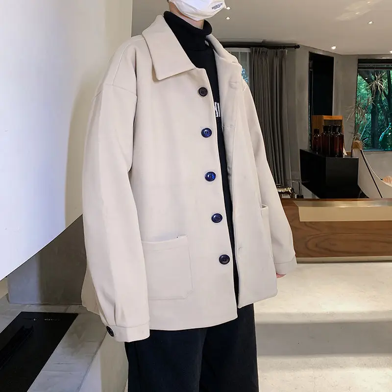 

2020 Autumn And Winter New Youth Popular Japanese Men's Loose Solid Color Woolen Coat Fashionable Casual Single-breasted Top