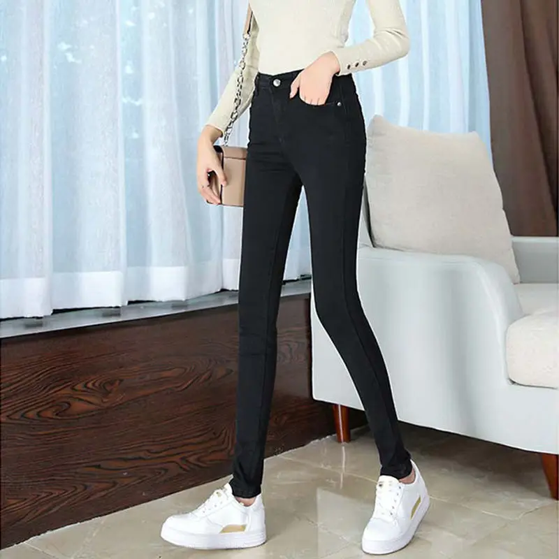 

LISM white high waist jeans women spring jeans woman skinny slim OL office lady denim pencil pants female jeans femme trousers