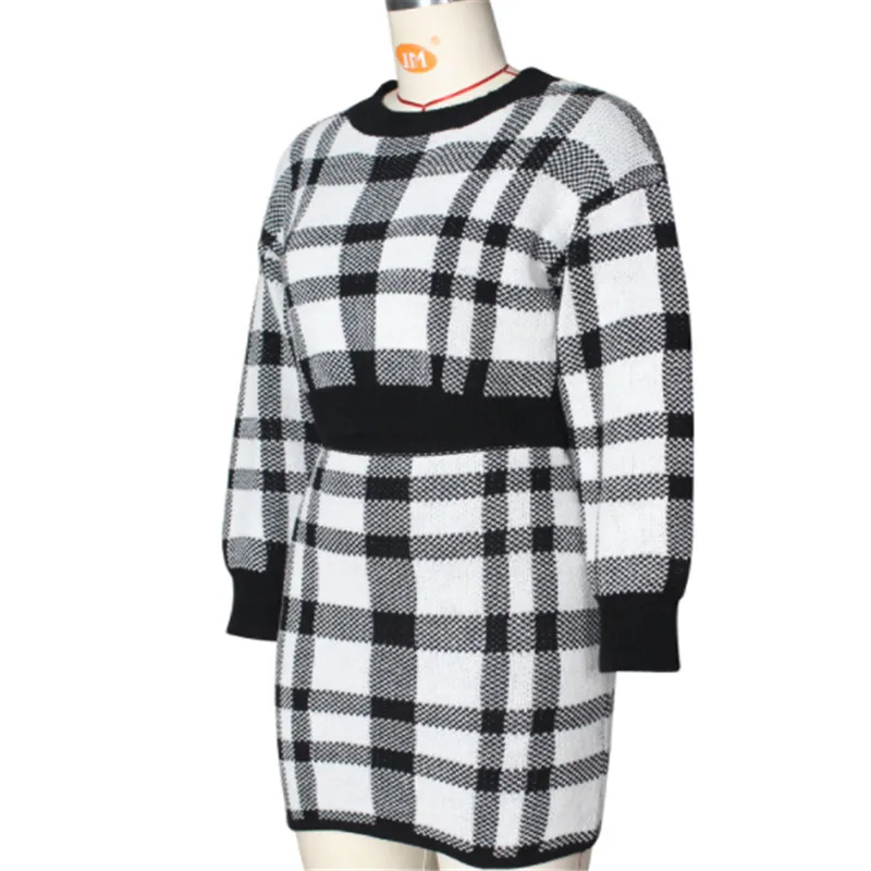 

F Womens Two Piece Outfits Long Sleeve Crew Neck Plaid Crop Top And Bodycon Mini Skirt Set Female Elegant Fashion Retro Suits