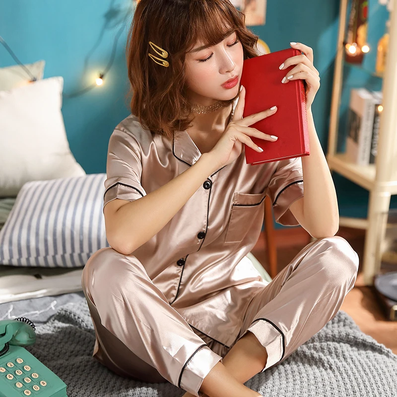 

Short Sleeve Silk Pajamas Set 2021 Summer Women Pajama Sets Silk Cotton Pijama Sleepwear Pyjamas Plus Size 5XL 100KG Nightwear