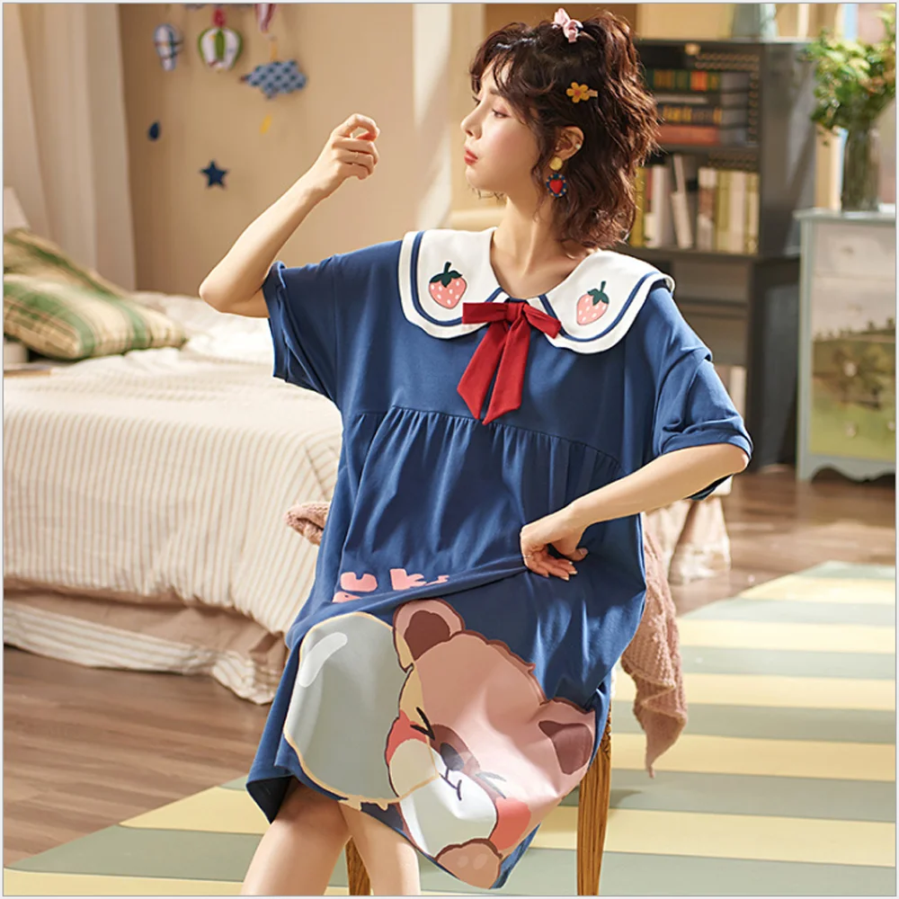 

Summer Cotton Nightdress Pajamas Cute Short Sleeve Doll Collar Princess Snow White Dress Sleepwear Student Home Wear Nightgown