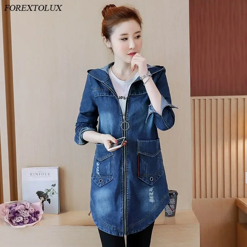 

Куртка женская джинсовая с капюшоном, Повседневная Свободная верхняя одежда из денима, на молнии, с большими карманами, с длинным рукавом, с...