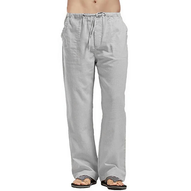 Light Gray Мужские хлопковые льняные длинные брюки на шнурке, прямые свободные повседневные брюки с эластичной талией и карманами, мужские широкие брюки - Цвет: Light Gray