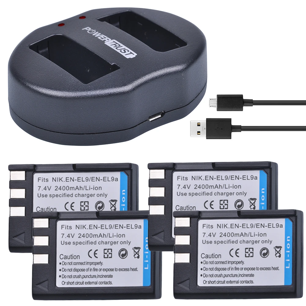 PowerTrust 2 шт. 2400 мА/ч, EN-EL9 EN-EL9a RU EL9 RU EL9a батареи+ Dual USB Зарядное устройство для Nikon ENEL9 D40 D60 D40X D5000 D3000 - Цвет: 4Battery and Charger