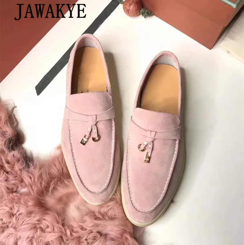 pink Лидер продаж; женские замшевые туфли на плоской подошве; удобная повседневная обувь из натуральной кожи; женские лоферы без застежки с металлическим украшением; женская обувь разных цветов - Цвет: pink