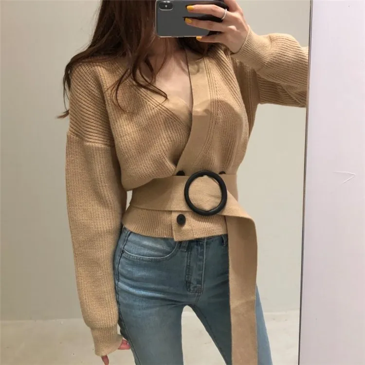 2019 Autumn Winter Sashes Wrap Sweaters Cardigans Women Tops Lace Up Button Double Breasted Solid Minimalist Elegant |