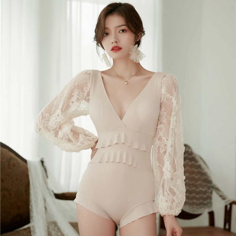 Сексуальный слитный купальник с V образным вырезом женский новый длинным рукавом