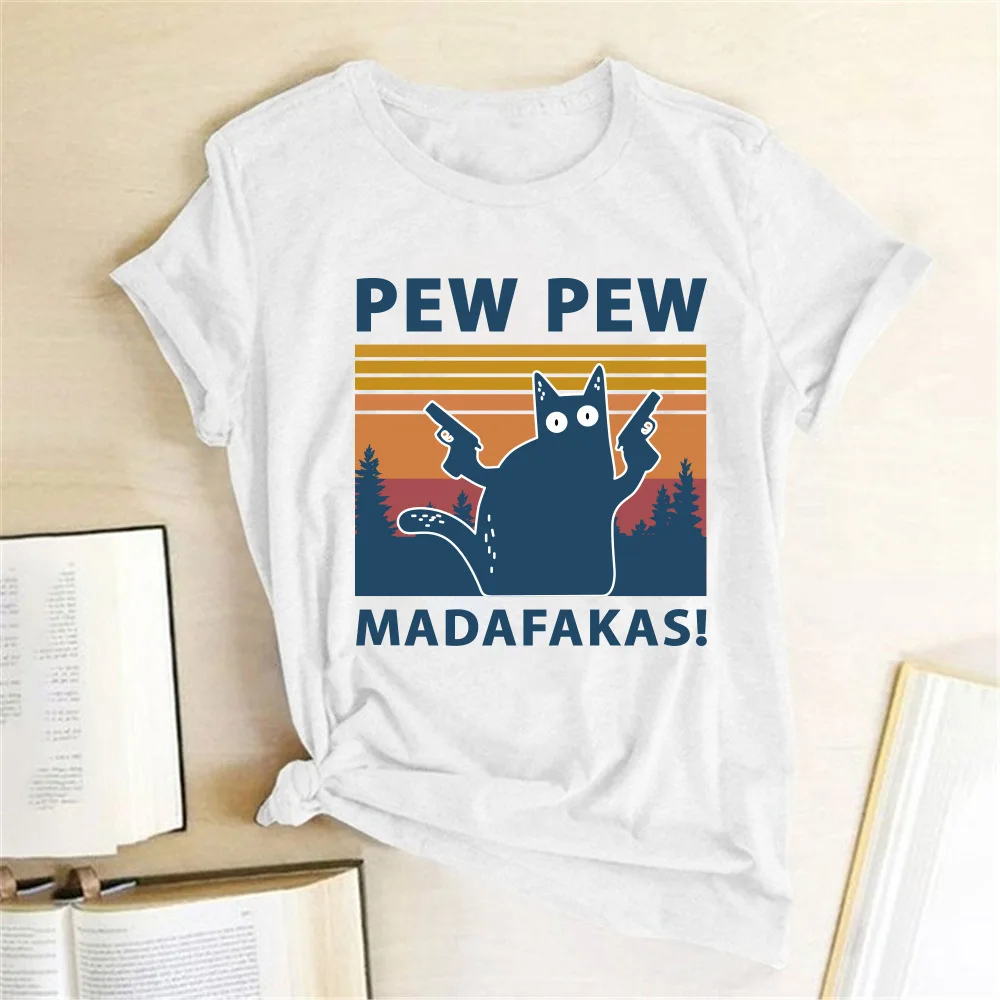

Black Cat Pew Pew Madafakas Funny Cat Gangster With Gun Meme Retro Women's 100% Cotton Short Sleeves T-Shirt Humor Gift Tops Tee