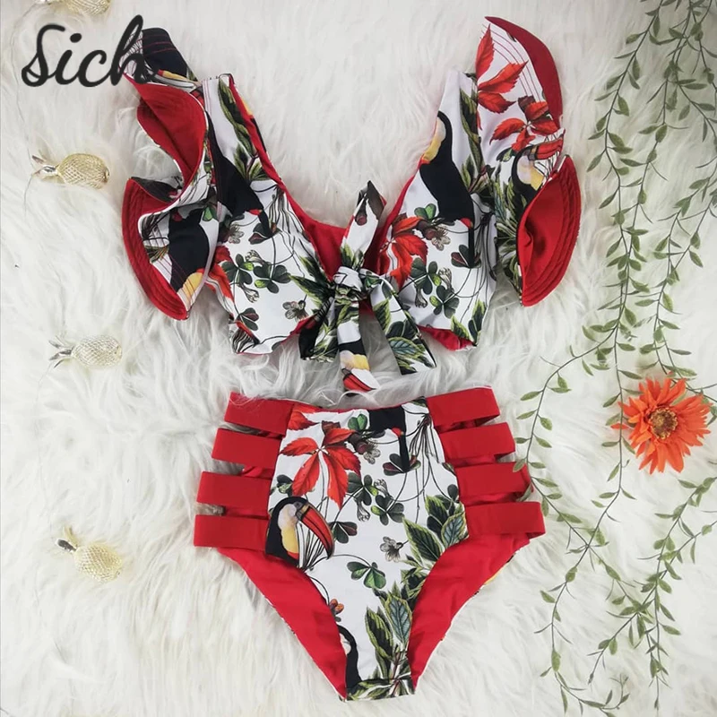 

Ladies Fashion High Waist Swimwear 2021 New Color Matching Print Bikinis Women Sexy Ruffles Swimsuit Bathing Suit Halter Biquini
