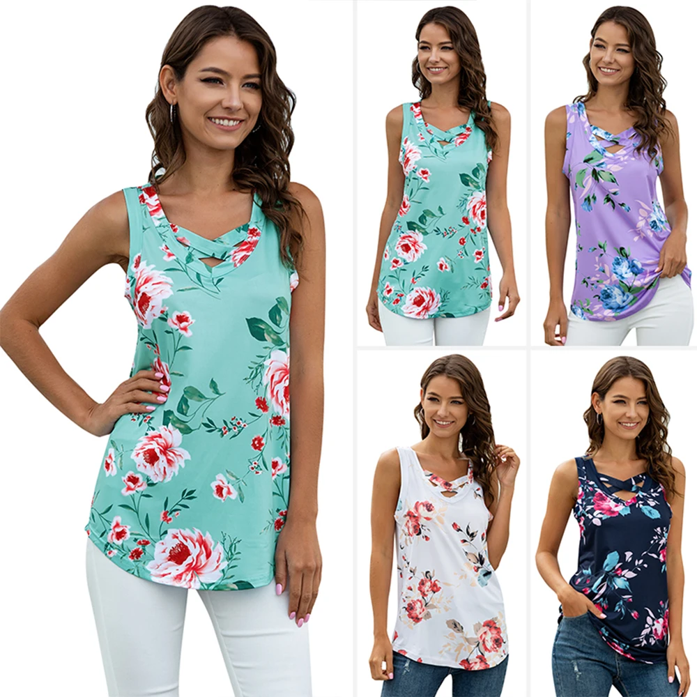 

V-neck cross-print sleeveless T-shirt women's summer vest floral print loose sleeveless tops 2021