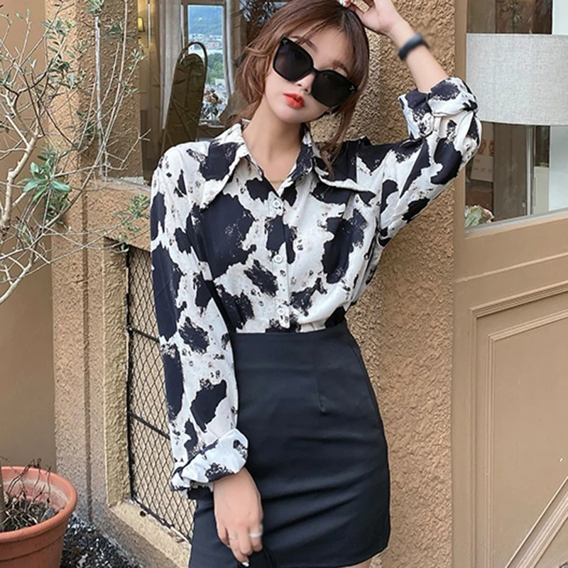 

Women Fashion Long Sleeves Tops Vintage Females Lapel Lazy Style Shirts Leopard Print Blouse