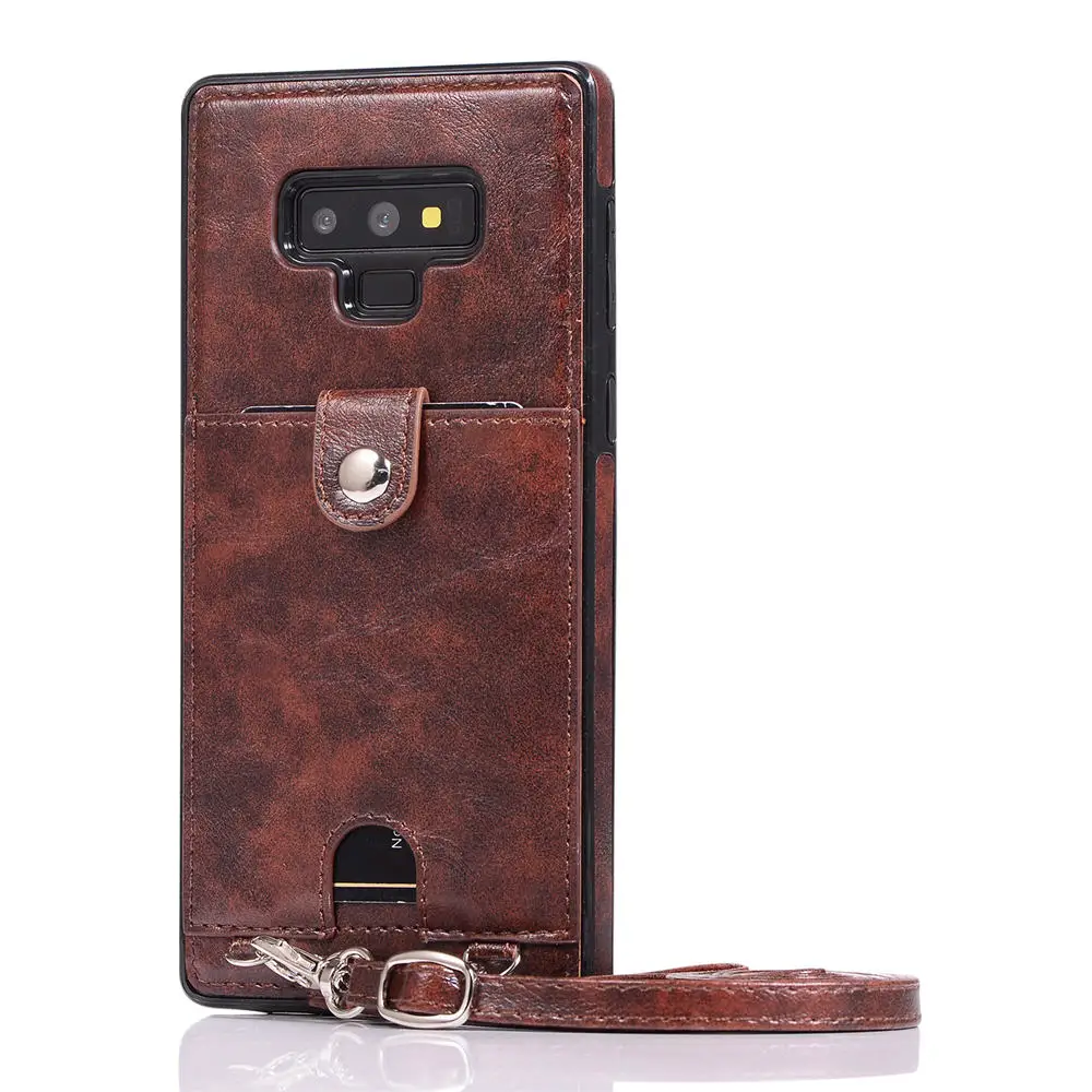Тонкий чехол для samsung Note 10, 9, 8, S8, S9, S10E, S10 Plus, ударопрочный чехол из искусственной кожи с отделением для карт, с ремешком через плечо, с цепочкой, чехол на заднюю панель s9 - Цвет: Темно-коричневый