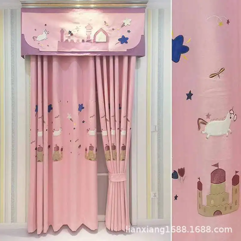 Уплотненная шенилле вышитая розовая занавеска для спальни детская мультяшная