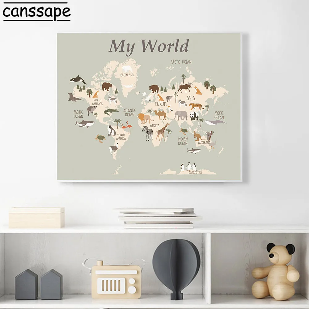 Животные Карта мира настенные картины Детские постеры и печать для детской