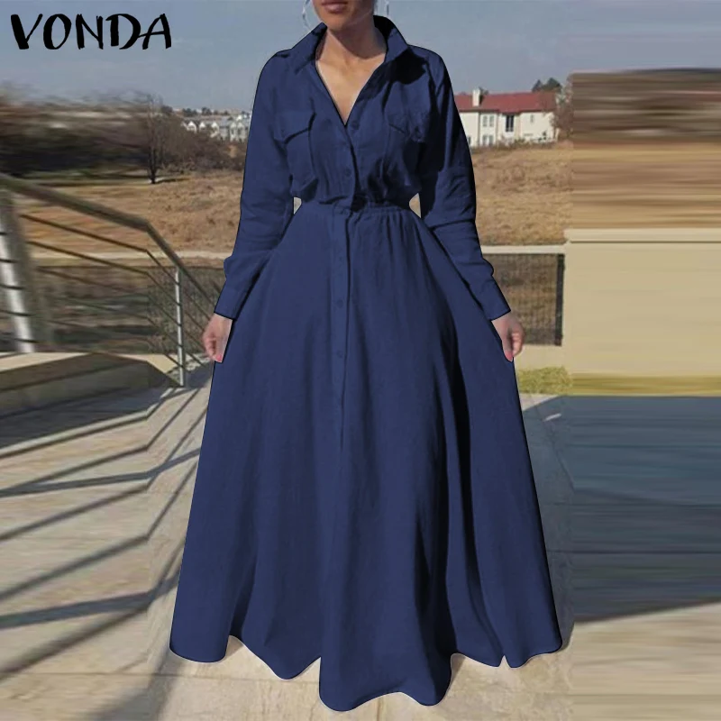 

Women Maxi Dress VONDA 2021 Casual Turn Down Collar Long Sleeve Solid Button Up Shirt Dresses Bohemian Vestidos Party Robe