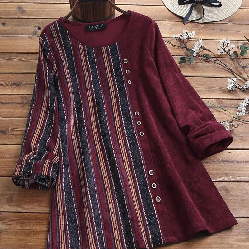 

Женская Вельветовая блузка в полоску, свободная Повседневная рубашка с длинным рукавом, круглым вырезом, на пуговицах, W601, лето 2021