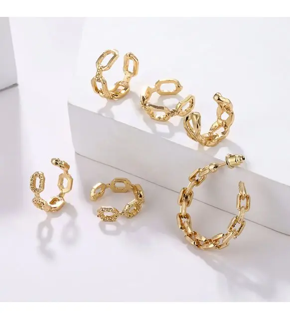 

Women's Modern New Fashion 6-Piece Chain-Locked Gold Earcuff Cartilage and Earring Set
