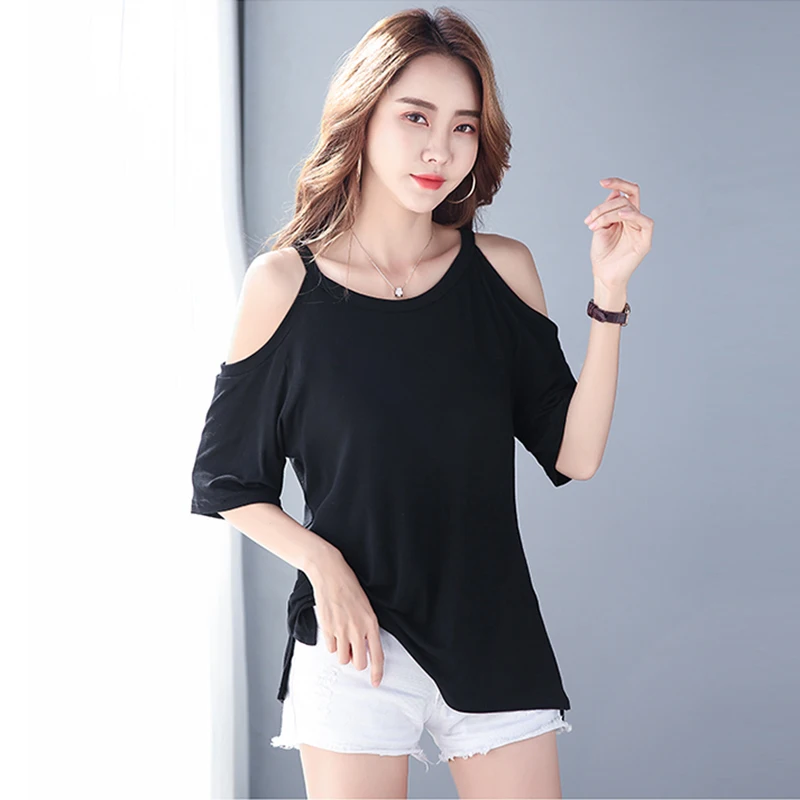 

Женская эластичная футболка из модала и хлопка, лето 2022, топы с открытыми плечами, футболка с коротким рукавом, женская одежда, футболка, Femme