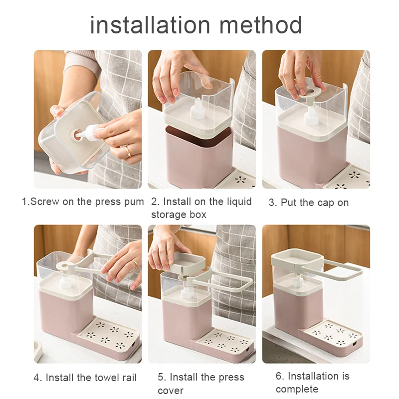 

4-in-1 Soap Dispenser for Cleaning Press to Pump Soap Combines Sponge Holder Towel Bar and Drain Rack Kitchen Organizer