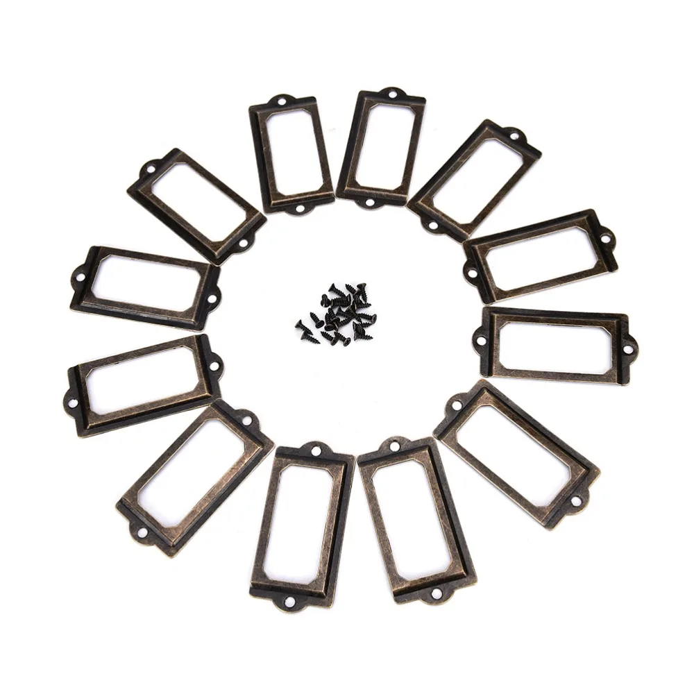 12 шт. Античная латунная металлическая метка Потяните рамка ручка имя файла