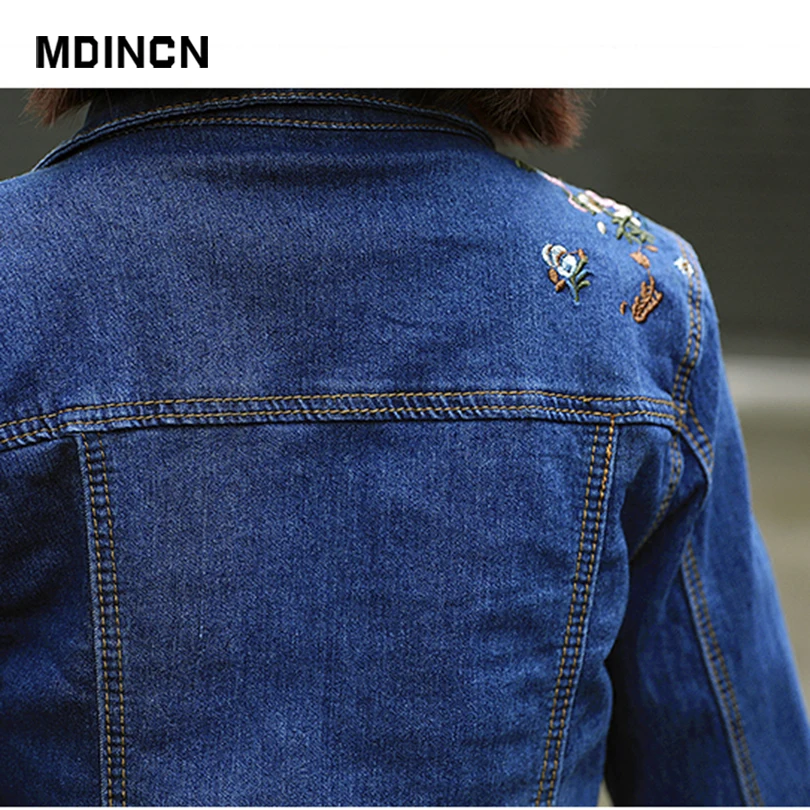 

MDINCN Embroidered Women Jackets Slim Flower Embroidered Denim Jackets laple Ladies Long Sleeve Plus Size Coat