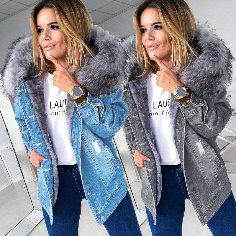 

Winter Parka Denim Jacket Women Thicken Warm Faux Fur Hooded Caots Ladies Thick Long Sleeve Overcoat Chaquetas Para Mujer