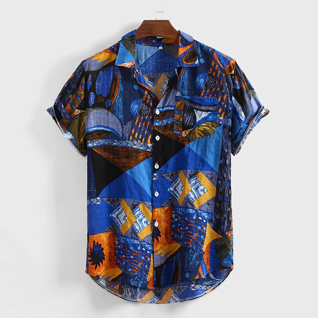 

Shirts Fashion Summer Buttons Loose Ethnic Print Short-sleeved Men's Shirts Lapel Oversize Shirt Men Top Camisa De Los Hombres