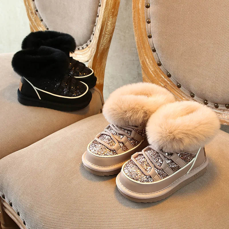 Scsech/зимние ботинки для девочек с блестками и кроличьим мехом мягкие мальчиков