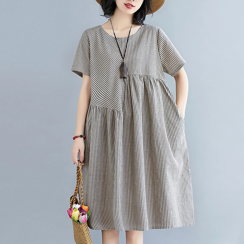 Платье в полоску из хлопка и льна Длинное свободное льняное платье трапеция с