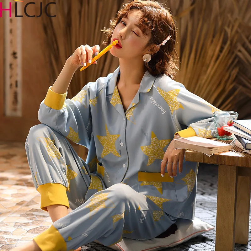 Осенняя Хлопковая пижама для женщин с принтом звезд свободная Милая Домашняя