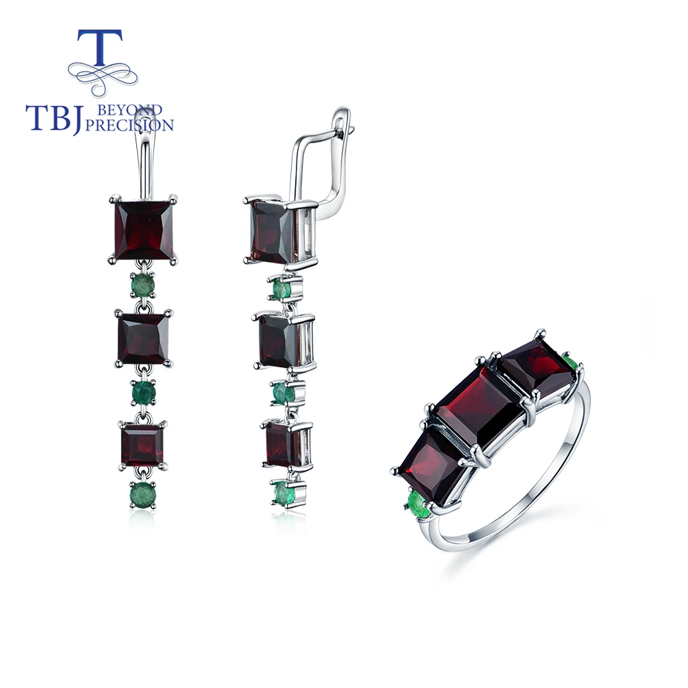 

Natural Black garnet jewelry set square shape garnet natural green emerald Ring earring 925 sterling silver fine jewelry set