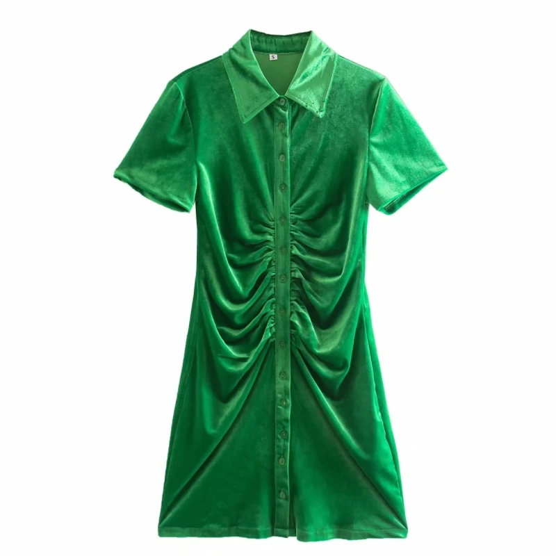 

Autumn Women Solid Velvet Pleated Mini Shirt Dress Female Short Sleeve Clothes Casual Lady Slim Vestido D7876