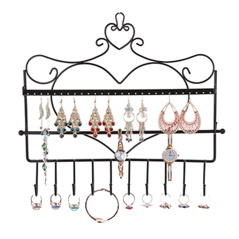 

28 Holes Metal 10 Hooks Mounted Earring Necklace and Bracelet Love Type Display Stand Metal Jewelry Storage Stand Earring Holder