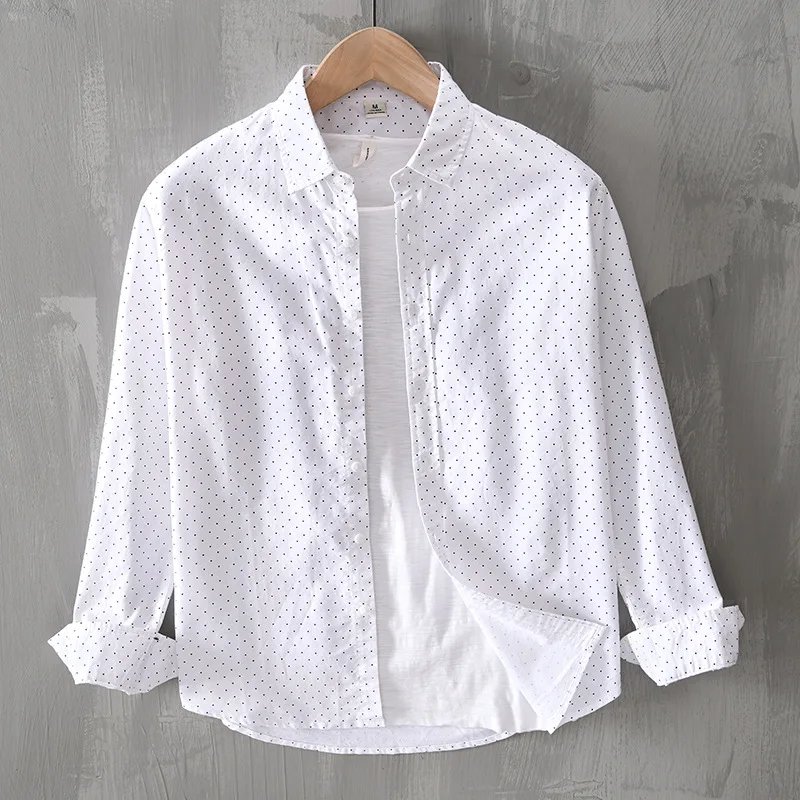 Мини 2020 Мужская рубашка с длинным рукавом в горошек белая небесно голубая