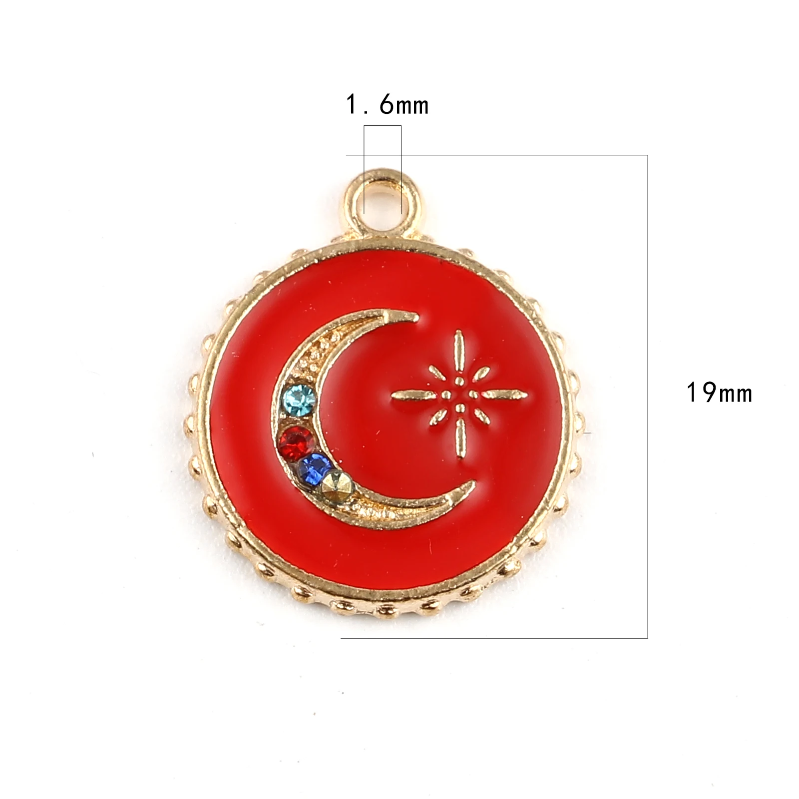 

10PCs Round Gold Color Pendant Red Moon Enamel Multicolor Rhinestone Jewelry Making DIY Bracelet Pendant Necklace Earrings Gift
