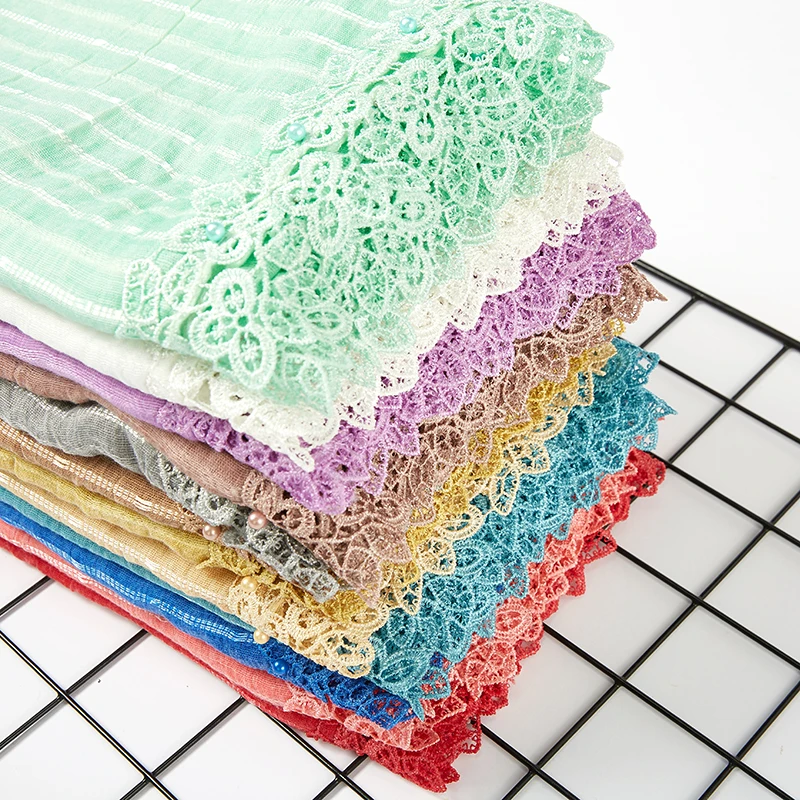 

New Fashion Women Lace Scarf Hijab Floral Embroidery And Shinny Beach Scarf With Pearl Long Muslim Wrap scarves/shawls