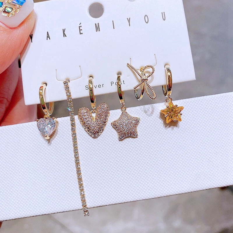 Luxury 6pcs Mix Star Heart Dangle Earrings with Bowknot Ear Cuff Gold Color Cubic Zircon Women Earrings Set