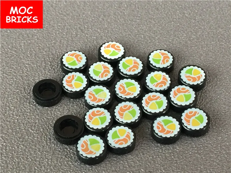 100 шт./лот MOC кирпичная плитка круглый 1x1 с суши лосось Маки ролл узор подходит для