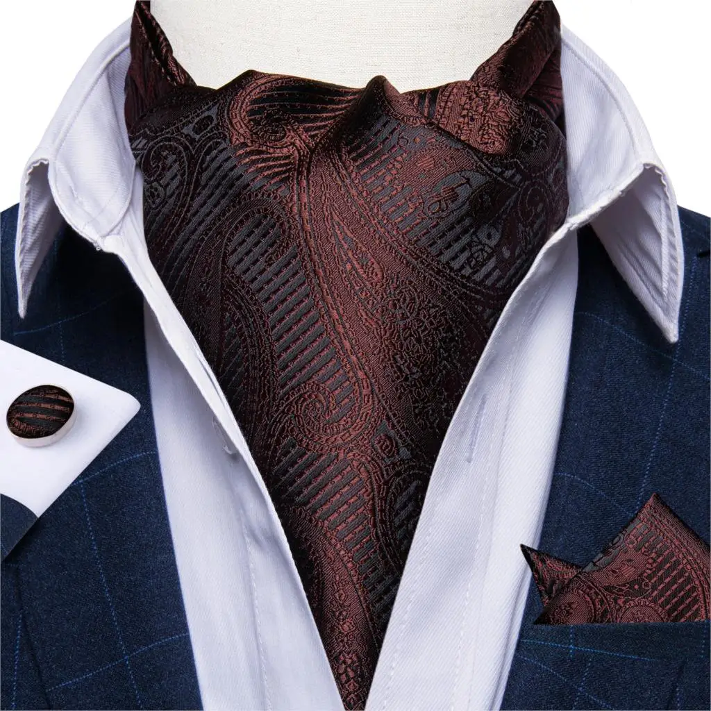 

Luxury Mens Silk Formal Red Ascot Tie for Wedding Party Business Gentleman Vintage British Style Cravat Tie Set Casual Scarf
