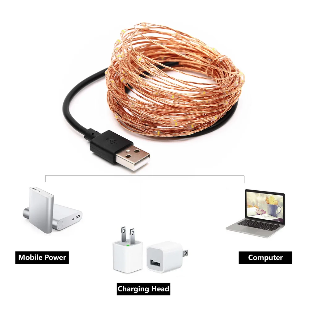 DC 5 В USB светодиодный гирлянды медный провод м 10 Питание от Сказочный