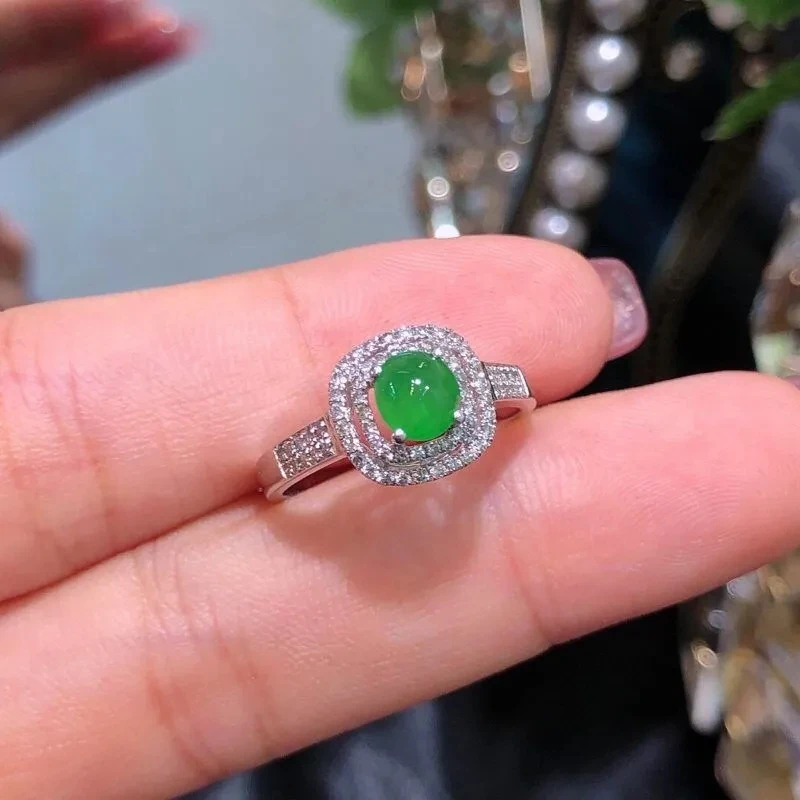 

2021new Sun Green Chalcedony Egg Noodle Ring S925 Sterling Silver Inlaid Fashion Grandeur Design Opening Adjustable