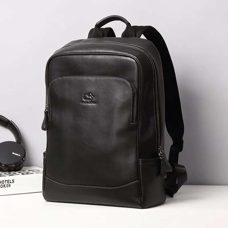 Bison Denim 2022 Black Cowhide Genuine Leather Backpacks Male Zipper Designer 15 inch School Backpack Men's Travel Backpack