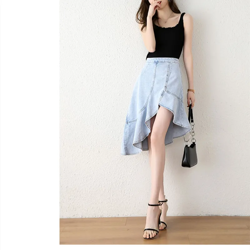 

Юбка джинсовая женская, с высокой талией, асимметричная, с оборками, средней длины, лето 2021