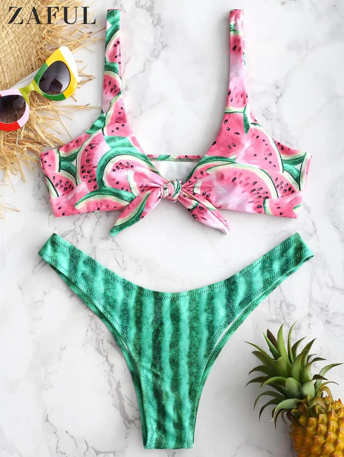 Женский купальник бикини ZAFUL с узлом арбуза сексуальный низкой талией глубоким