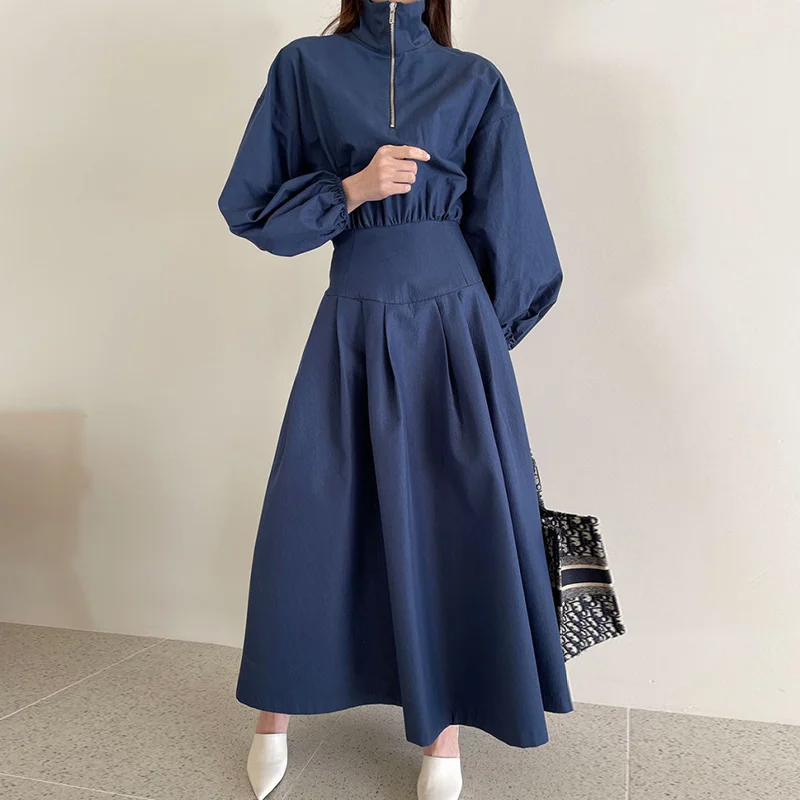 

CCMM 2022 Women's Fashion Spring Stand Collar Waist Long Puff Sleeve Mid-calf Solid Color Dresses Female Tide 5E2959