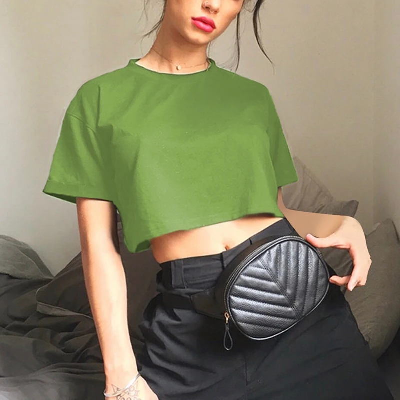 

Кроп-Топ женский однотонный с круглым вырезом и коротким рукавом