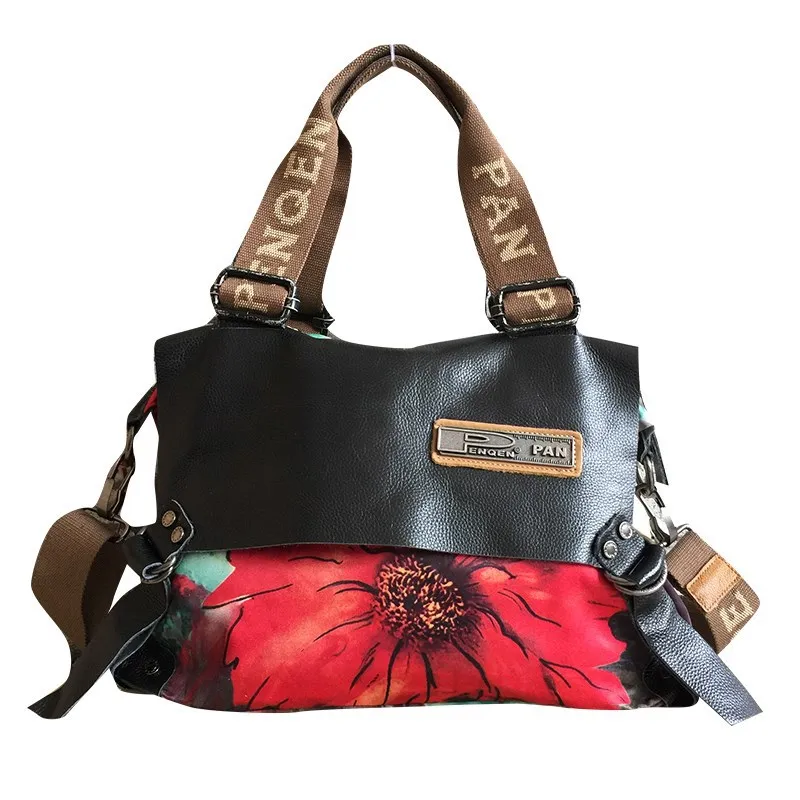 

Female big bag handbag 2021 new Korean cowhide trend fabric with leather casual ethnic printing shoulder bag diagonal